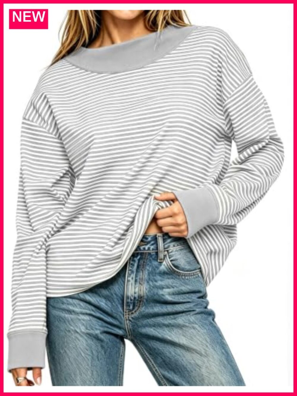 Women's Striped Long Sleeve Tunic Top Crewneck Loose Fit Cotton Blend Fall